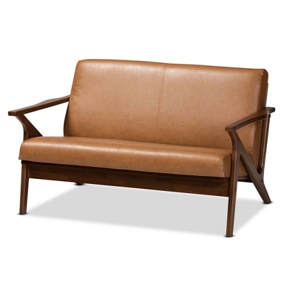 Bianca Wood and Tan Faux Leather Loveseat Tan/Walnut Brown - Baxton Studio