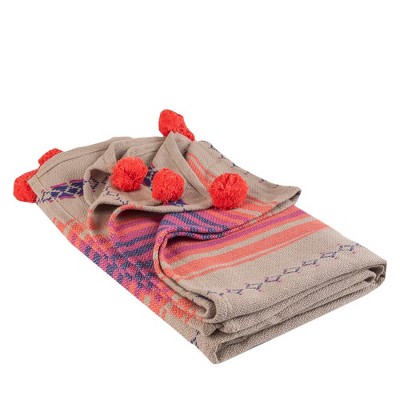 Multicolored Cotton Blend Geometric Pom Pom Throw Blanket