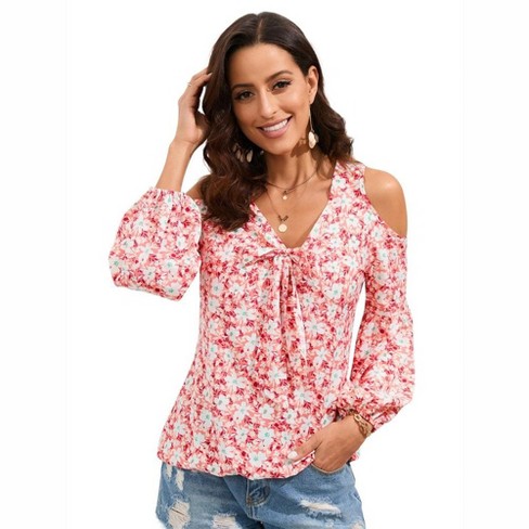 Womens Summer Tops Cold Shoulder Blouse Front Tie V Neck Tops Casual Boho Floral Tunic Blouse Summer Beachwear Vacation Outfits Pink s Target