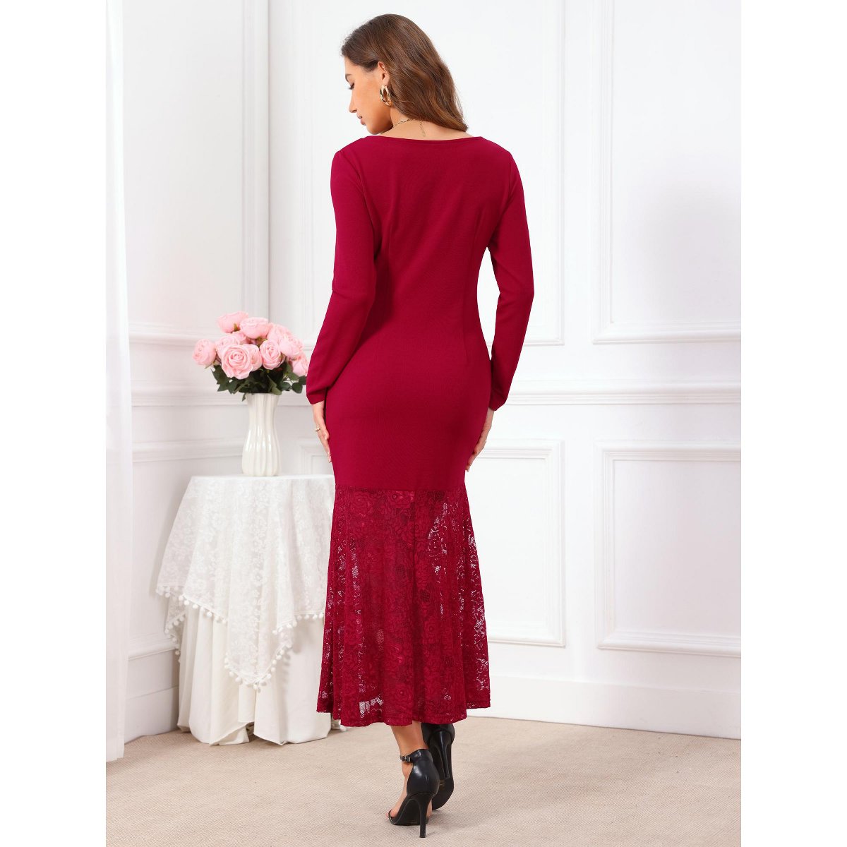 Женские платья INSPIRE CHIC Women's Lace Formal Fishtail Boat Neck Long Sleeve Wedding Guest Evening Dress Large Burgundy — фото 4