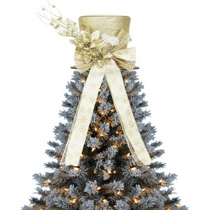 Christmas Tree Topper Bow, 9.84" Glitter Tree Decoration with Spruce Branch, Holiday Bow Ornament for Christmas Tree or Snowman - 1 of 4