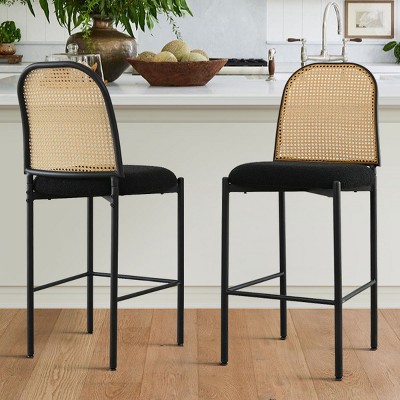 27"Counter Height Bar Stools Rattan Back Set Of 2 Bar Stools Upholstered Island Stool With Curved Back boucle Island Chairs For Kitchen-Cuddlewood