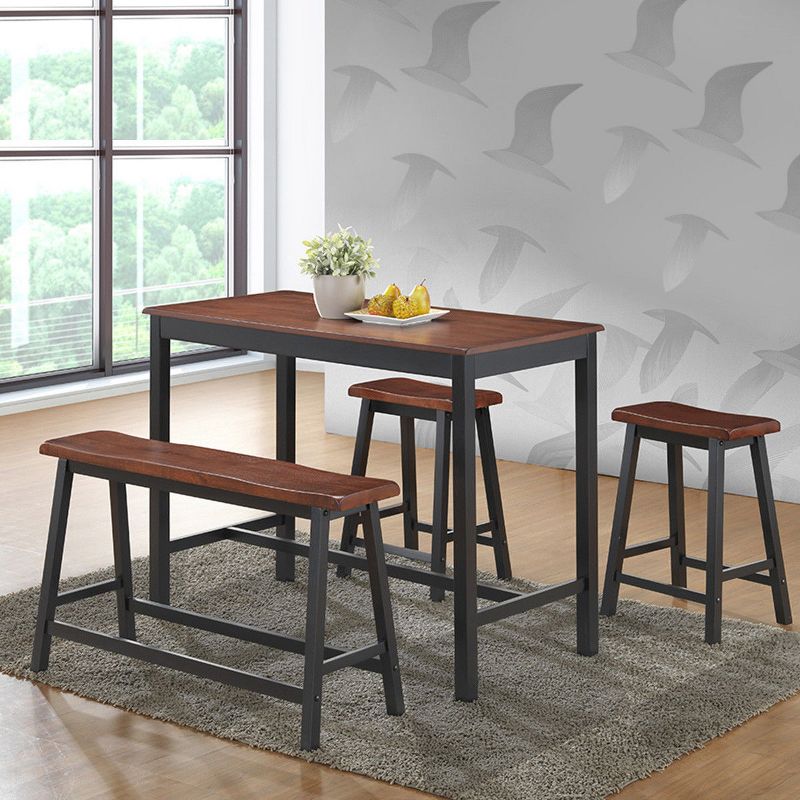 Costway 4 Pcs Solid Wood Counter Height Table Set w/ Height Bench & Two Saddle Stools Brown, 3 of 7