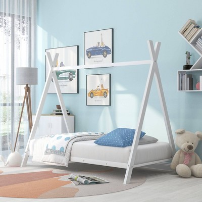 CAVINAS Twin Size Metal Tent Montessori Bed,Modern Floor Bed with Triangle Structure and Slat,Toddler Bed for Bedroom