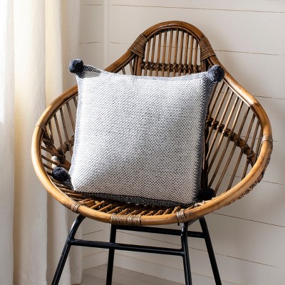 Gray Knit Square Throw Pillow with Pom Pom Tassels