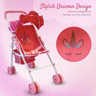 Pink Unicorn Foldable Baby Doll Stroller with Basket