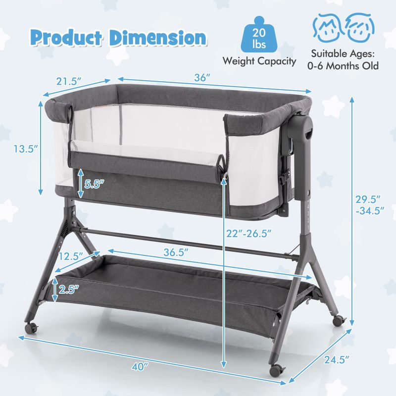 Babyjoy Height Adjustable Bedside Sleeper Easy Folding Baby Crib with Storage Bag Gray/Pink, 3 of 11