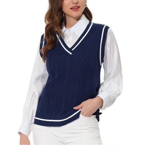 Allegra K Women's Cable Knit Sweater Vest V Neck Sleeveless Vest Pullover  Tops Blue Medium : Target