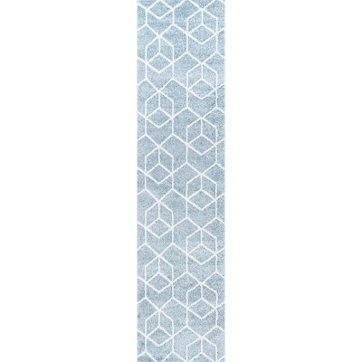 Scandinavian Geometric Light Blue & White Flatweave Runner Rug 2x8