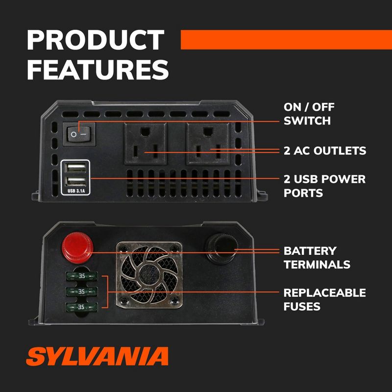 SYLVANIA - 750W Continuous / 1000W Peak Power Inverter|DC 12V to 110V AC Power Car / RV Converter, 2 USB Ports 5V DC 3.1A Shared, LCD Display, 12V Plug with Replaceable Fuse for Laptop, Camera, etc, 3 of 7