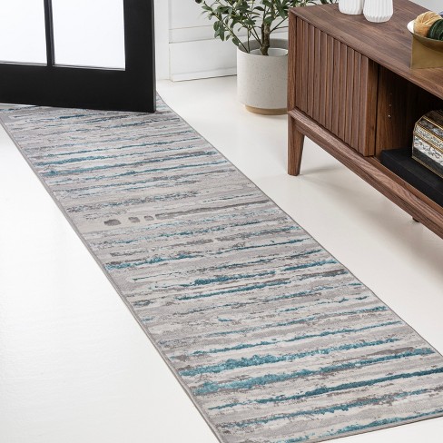 2'x10' Batten Modern Stripe Runner Rug, Gray/turquoise - Jonathan Y ...
