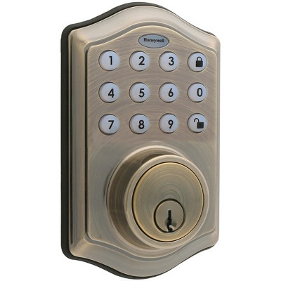 Honeywell Electronic Deadbolt- Antique Brass: Single Cylinder Door Lock, Battery Operated, Steel & Plastic, Light Brown