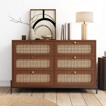 47" Modern Rattan Wood 6-Drawer Dresser, Storage Cabinet Sideboard for Bedroom, Living Room, Entryway, Hallway 4M - ModernLuxe