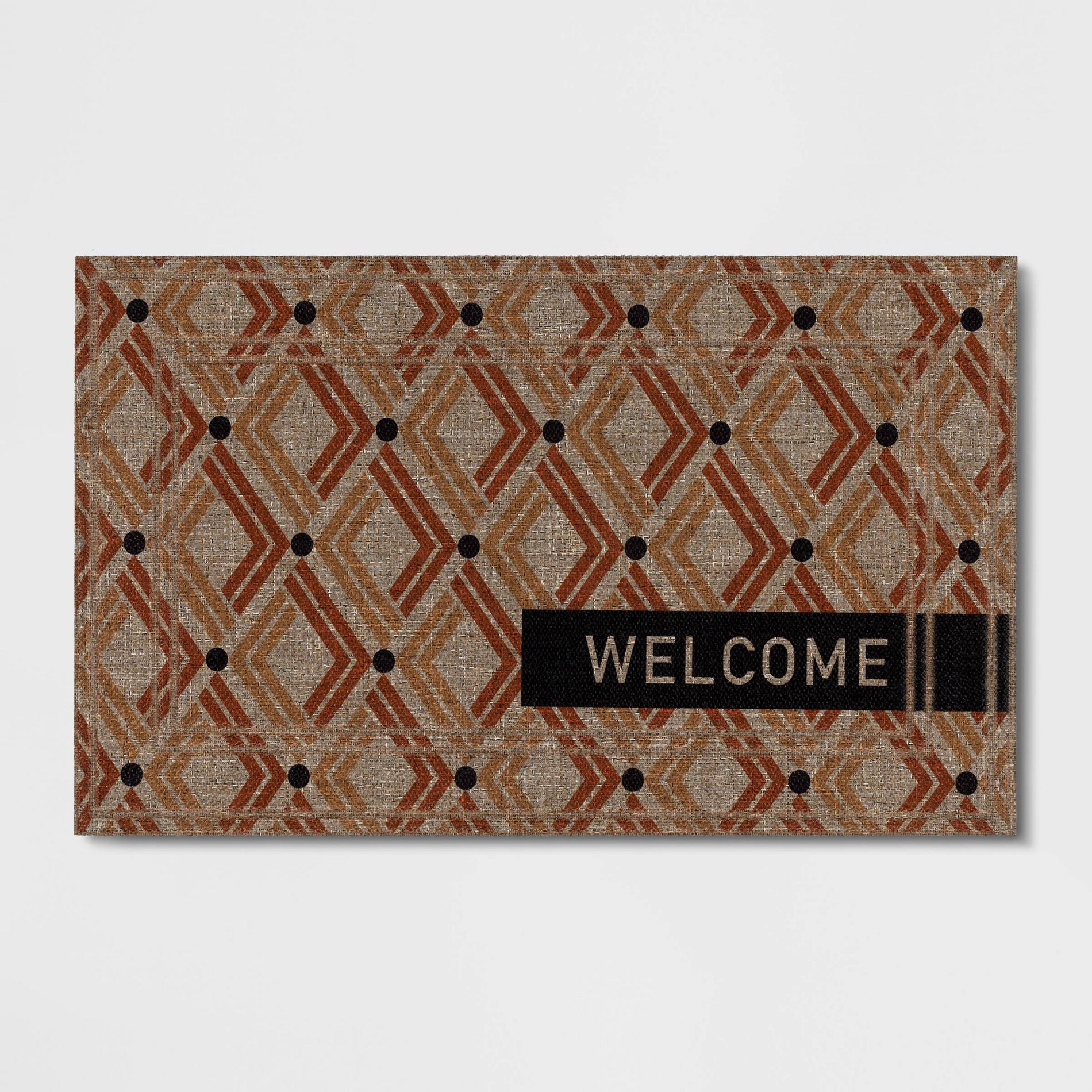 1'6"x2'6" 'Welcome' Double Diamond Mat Tan - Apache Mills: Outdoor Floor Mat, Recycled Rubber, Quick-Drying, Geometric Pattern