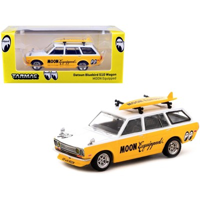 Datsun Bluebird 510 Wagon Yellow and White "MOON Equipped" with Roof Rack and Surfboard 1/64 Diecast Model Car by Tarmac Works