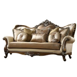 Acme Furniture 88" Latisha Fabric Pattern Sofa Tan/Antique Oak: Includes 4 Pillows, Nailhead Trim, Wood Frame - 1 of 4