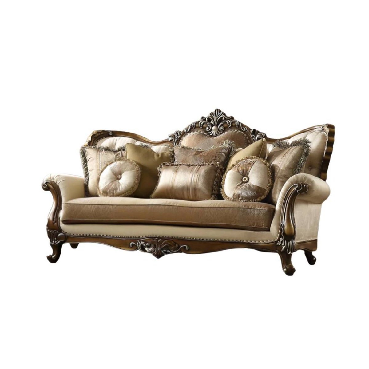Acme Furniture 88" Latisha Fabric Pattern Sofa Tan/Antique Oak: Includes 4 Pillows, Nailhead Trim, Wood Frame