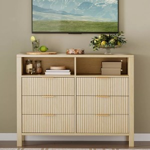 6 Drawer Dresser for Bedroom, Farmhouse Chest of Drawers with 2 Open Shelves and Fluted Doors, Home Storage and Organization for Living Room - 1 of 4