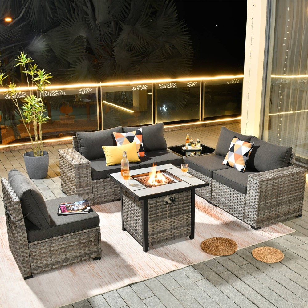 Photos - Garden Furniture Ovios Marlton 7pc Wicker Outdoor Patio Furniture Set Conversation Sofa Set with a Fire Pit and Navy Blue Cushions