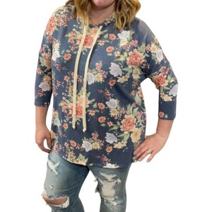 Women's Floral 3/4 Sleeve Hoodie - honeyme - 1 of 2