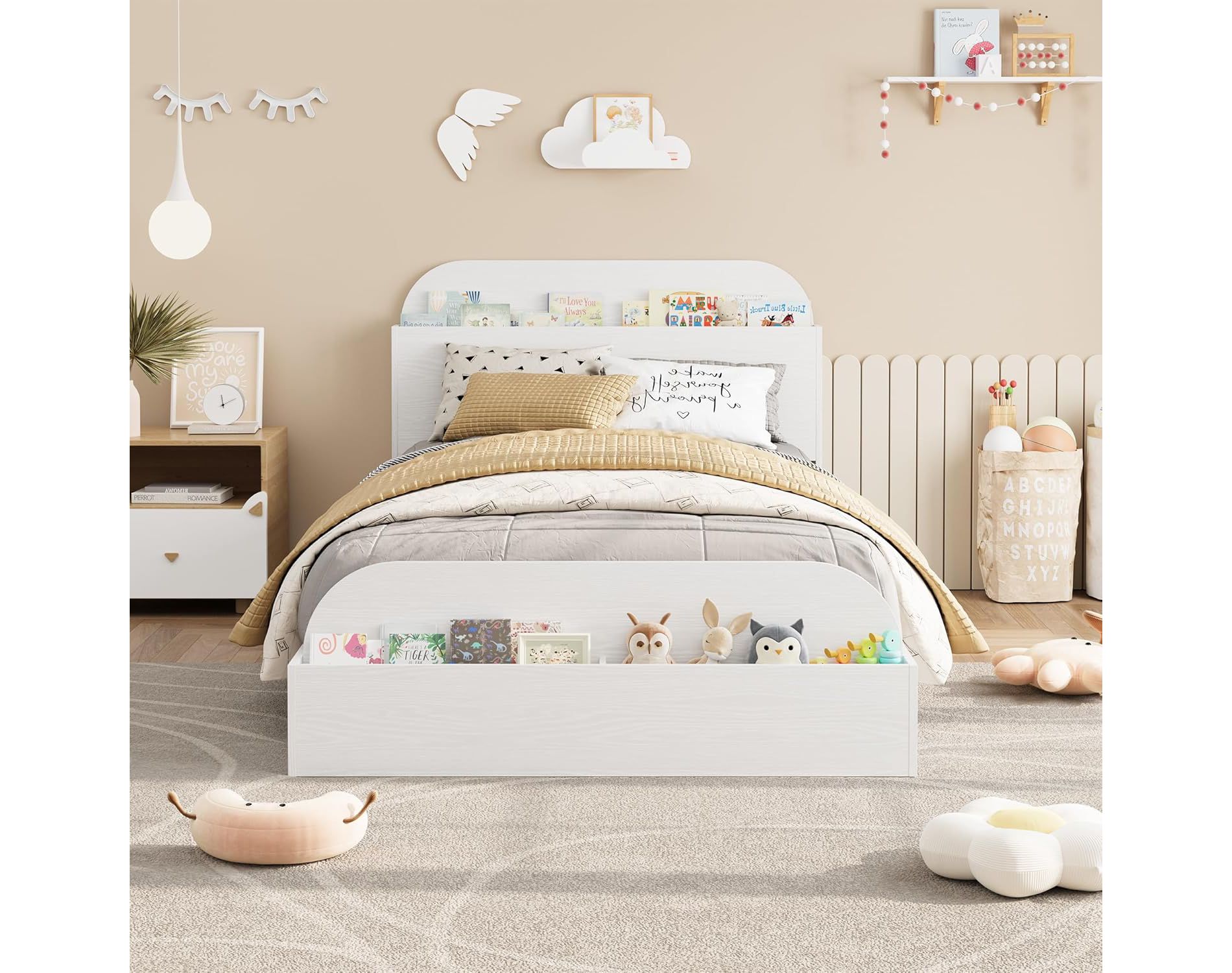 Twin Kids Bed Frame with Storage Headboard & Footboard - Low Profile Wood Platform Bed, Sturdy Wood Slats, No Box Spring Needed, White
