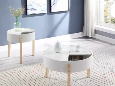 Round White and Natural Wood Coffee Table with Storage