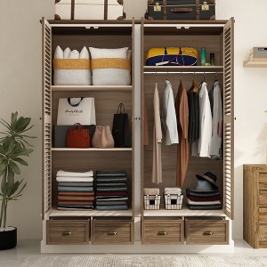 Hitow Brown Wardrobe Woodgrain Louvered Magnetic Cabinet Doors Classic Style - 1 of 4
