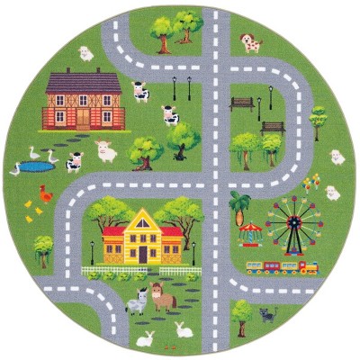 Round Dark Green and Light Grey Kids Playhouse Rug