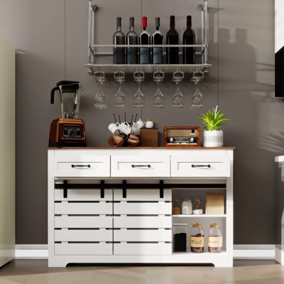 ORRD 53" Farmhouse Sideboard Buffet Cabinet, 3 Drawers, Sliding Barn Doors, Adjustable Shelves, Coffee Bar for Kitchen, Living Room, White