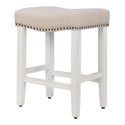 Beige Upholstered Wood Saddle-Style Counter Stool 24"