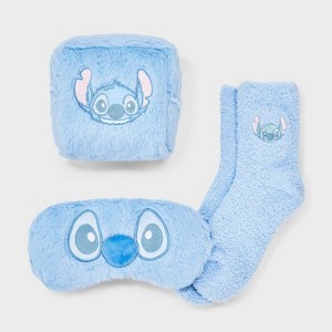 Women's Lilo & Stitch Embroidered Faux Fur 3pk Cozy Gift Set with Reusable Pouch, Cozy Socks and Eye Mask - Blue 4-10 - 1 of 4
