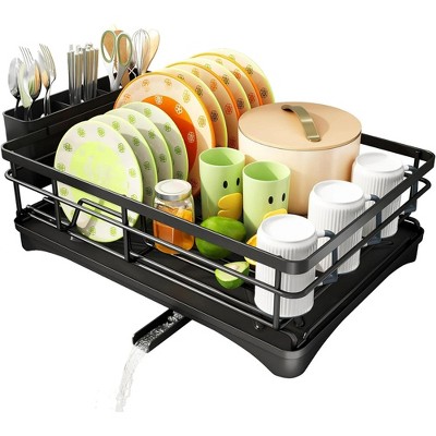 Dish Drying Rack, Stainless Steel Dish Rack for Sink, Large Dish Rack with Drainboard,Rustproof Dish Drainer with Utensil Holder for Kitchen,Black