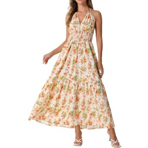 Allegra K Women's Sleeveless Halter Neck Boho Elastic Waist Floral Maxi Summer Sundresses - 1 of 4