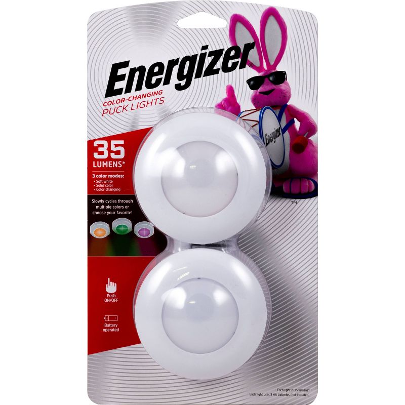 Energizer 2pk 20 Lumens Indoor LED Color Changing Puck Cabinet Lights White, 1 of 11