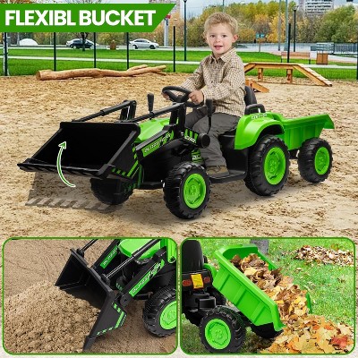 Green 12V 3 in 1 Kids Ride On Excavator Tractor And Trailer With Remote Control Led Lights Music Usb Horn Safety Belt And Long Lasting Battery For Ag