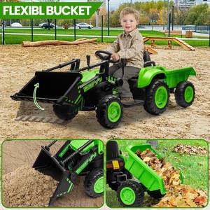Green 12V 3 in 1 Kids Ride On Excavator Tractor And Trailer With Remote Control Led Lights Music Usb Horn Safety Belt And Long Lasting Battery For Ag - 1 of 4