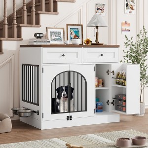 Dog Crate Furniture with 2 Drawers and Storage Cabinet, 37.4" L x 23.6" W x 33.4" H Farmhouse Dog Kennel with 2 Mental Doors - 1 of 4