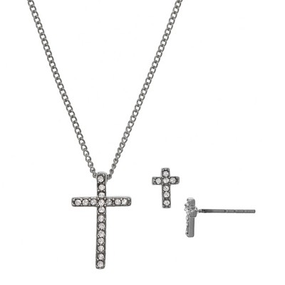 FAO Schwartz Fine Silver Plated Cross Pendant Necklace and Earring Set