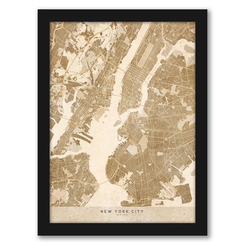 Americanflat Architecture Vintage Map Of New York City In Vintage Sepia By Blursbyai Black Frame Wall Art, 1 of 9