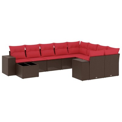 vidaXL 10 Piece Garden Sofa Set with Cushions Brown and Red Poly Rattan