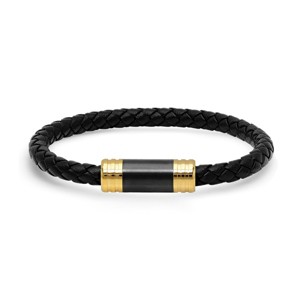 Steeltime Men's black leather braided bracelet with 18k gold plated stainless steel and black ip accent - 1 of 4