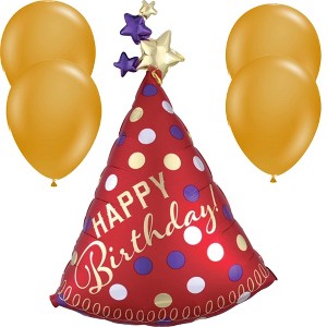 LoonBalloon 36 Inch Red Party Hat Birthday Balloon with 4 latex balloons - Festive & Fun - 1 of 3