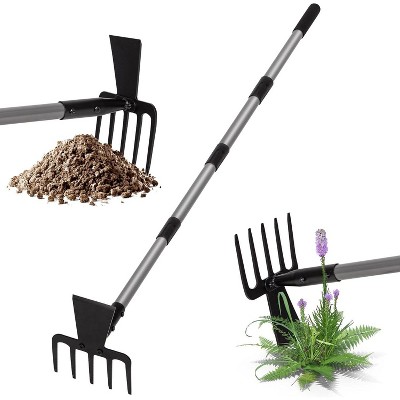 attop 63 Inch Garden Hoe Cultivator and 5-Tines Rake with 37-63 Inch Adjustable Long Handle