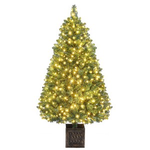 4.5 Ft Artificial Christmas Tree with 200 Warm White  Lights and Red Berries Potted Base Holiday Xmas Tree - 1 of 4