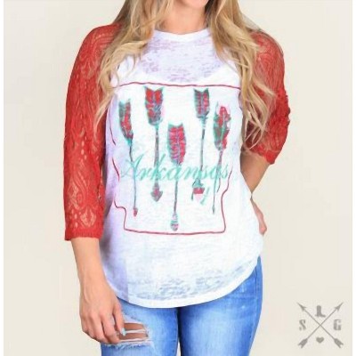 Women's Arkansas Pride with Red Lace Raglan Sleeve Top - Southern Grace