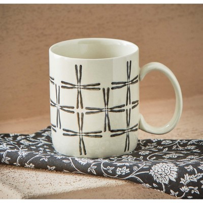 TAG Hashi Black Graphic Print on Cream Beige Background Stoneware Coffee Tea Hot Coco Mug, 16 oz.