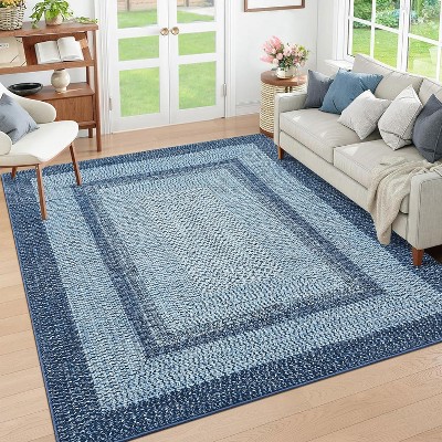 Grey/Blue Washable Runner Rug, Non-Slip Modern Hallway Carpet, Stain Resistant Low Pile Mat for Living Room, Bedroom, Kitchen
