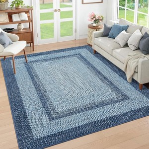 Grey/Blue Washable Runner Rug, Non-Slip Modern Hallway Carpet, Stain Resistant Low Pile Mat for Living Room, Bedroom, Kitchen - 1 of 4