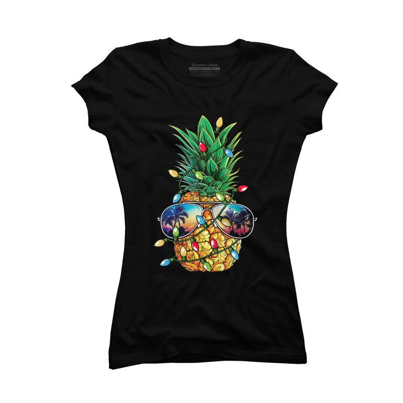 Junior's Design By Humans Pineapple Christmas Tree Lights Xmas Men Gifts Sunglasses T-Shir By NekoShop T-Shirt, 1 of 4