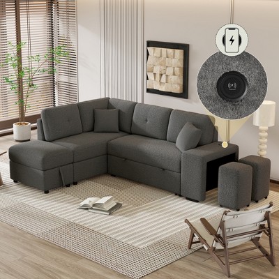 87.7" L-Shaped Convertible Sleeper Sectional Sofa with Storage Ottoman, Wireless Charger, USB Ports & Hidden Stools